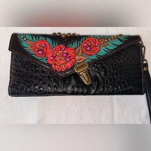 Heritage Brand Nola Clutch #209, OOAK USA made, Croco Black Leather; lined